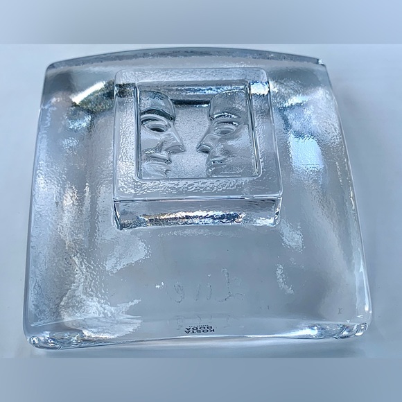 Kosta Boda "Live" Square Footed Thick Concave Glass Trinket Dish Two Faces - Picture 3 of 9